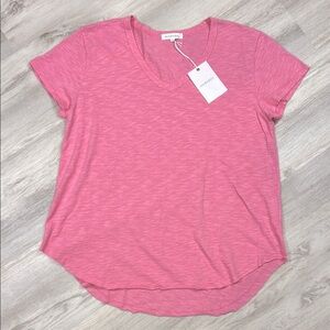 Mododoc Agave Pink Relaxed Fit Curve Hem Short Sleeve V-Neck Cotton Burnout Tee